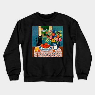 Black Cat with Flowers in a White Vase Still Life Painting Crewneck Sweatshirt